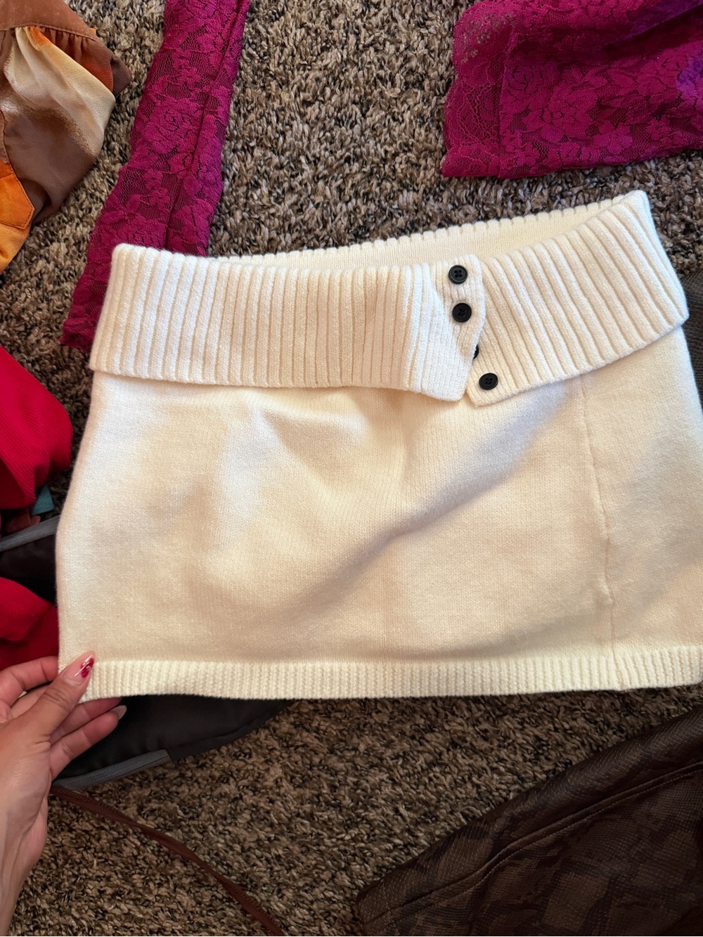 Cream Knit Button-Detail Mini Skirt